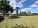 Spacious backyard with lush green lawn, palm trees, and a black metal fence overlooking a serene lake at 8359 Lookout Pointe Dr, Windermere, FL 34786