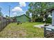 Backyard showcasing lush green grass, mature trees, a basketball hoop, a fire pit, and a fenced perimeter at 1322 New York Ave, St Cloud, FL 34769
