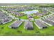 An aerial view displays a neighborhood with manicured lawns, a central pond, and well-maintained homes at 159 Olympus Way, Kissimmee, FL 34759