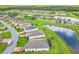 An aerial shot showcasing homes in a neighborhood alongside a serene pond and walking path at 159 Olympus Way, Kissimmee, FL 34759
