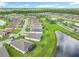 Aerial view of homes in a well-maintained community with sidewalks and a large pond bordering lush green lawns at 159 Olympus Way, Kissimmee, FL 34759