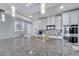 Close up on kitchen with granite counters, gray backsplash, and modern stainless appliances and stylish bar stools at 2824 Noble Crow Dr, Kissimmee, FL 34744