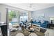 Living and dining space with two blue couches looking out through sliding glass doors to the screened in lanai with pool at 2550 Renshaw St, Kissimmee, FL 34747