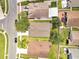 Aerial view of homes, showcasing their rooflines, landscaping, yards, and street layout in a residential area at 2810 Maguire Dr, Kissimmee, FL 34741