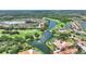 Scenic aerial view of a golf community with lake, pool, and clubhouse at 346 Treviso Dr, Kissimmee, FL 34759