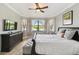 Bright bedroom featuring a large bed, dresser with TV, and a picturesque view of the lake through bay windows at 925 Grand Canal Dr, Poinciana, FL 34759