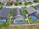 Aerial shot of home with solar panels and screened-in pool and fenced backyard at 973 Corvina Dr, Davenport, FL 33897