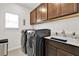 Well-equipped laundry room with modern washer and dryer, sink, and ample cabinet space at 3026 Prospect Trl, St Cloud, FL 34771