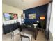 Modern office featuring a dark desk, blue accent wall, and wall-mounted television for a professional yet comfortable workspace at 306 Briar Patch Loop, Davenport, FL 33896