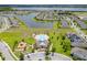 Stunning aerial view of the community pool, clubhouse, and surrounding homes nestled around the lake at 2223 Bluebird Pl, St Cloud, FL 34771