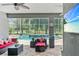 Cozy patio with comfortable seating, a tv, and a view of the pool and water feature at 6808 Goldflower Ave, Harmony, FL 34773