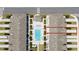 Aerial view highlighting condos, paved parking, and a pool area surrounded by landscaped grounds and palm trees at 7920 Draw St, Reunion, FL 34747