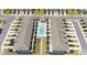 Community aerial view showcasing a pool, landscaping, and condo buildings with a modern architectural design at 7920 Draw St, Reunion, FL 34747