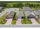 Aerial view of homes with brick driveways, well-manicured lawns, and green space in the background at 1309 Lombardi Ct, Kissimmee, FL 34759