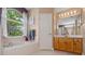 Elegant main bath includes a soaking tub, glass shower, wood cabinets, and natural light from the large window at 1525 Gants Cir, Kissimmee, FL 34744
