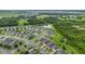 Overhead view of a residential area showing a mix of housing and green spaces, including a pond at 1864 Castleton Dr, St Cloud, FL 34771