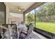 Relaxing screened patio with view of the landscaped backyard, featuring a ceiling fan and comfortable seating area at 3837 Carrick Bend Dr, Kissimmee, FL 34746