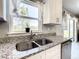 Close-up of kitchen sink with window and stainless appliances, granite countertops, and white cabinetry at 536 Bristol Cir, Kissimmee, FL 34758