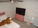 Well-decorated bedroom with plush pink bed, flat screen TV, and charming storage at 621 Vittorio Dr, Winter Haven, FL 33884