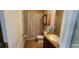 Bathroom featuring a shower with a curtain, dark cabinet with mirror, and single sink at 7110 Red Lantern Dr # 23, Harmony, FL 34773