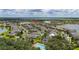 Aerial view overlooking community featuring a pool and lake with a marker designating the property location at 2823 Sail Breeze Way, Kissimmee, FL 34744