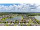 Aerial shot of a residential area surrounding a lake, showcasing the property's location with marker at 2823 Sail Breeze Way, Kissimmee, FL 34744