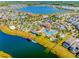 An aerial view shows the resort style pool, amenities, and lake in this expansive community at 4403 Scene Ln, Kissimmee, FL 34746