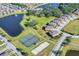 Aerial shot showcasing community amenities including a basketball court, volleyball court, lake, and lush green spaces at 1940 Banner Ln, St Cloud, FL 34769