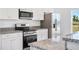 Close-up of kitchen featuring stainless steel appliances and white cabinets with granite countertops at 2700 Laguna Dr, Indian Lake Estates, FL 33855