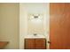 Compact bathroom featuring a wood vanity, white countertop, and simple lighting fixture at 3603 Cr 626N, Bushnell, FL 33513