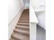 Carpeted staircase with white railing and a view of the modern hard surface floors in the hallway at 13465 Leaping Water Way, Astatula, FL 34705