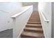 Staircase with carpeted steps, white railings, and a door on the lower level at 13466 Leaping Water Way, Astatula, FL 34705