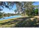 Scenic backyard with a serene lake view, lush grass, and trees draped in Spanish moss at 2024 Capri Ln, Mount Dora, FL 32757