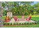 Landscaped backyard with fire pit and seating area at 1528 Walker Rd, Lakeland, FL 33810