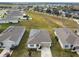 Aerial view of a single-story house with solar panels and a two-car garage at 1734 Hill Top Dr, Dundee, FL 33838