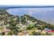 Aerial view of a home, showcasing its proximity to a serene lake and surrounded by lush greenery at 225 Temple Cir, Eustis, FL 32726