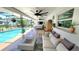 Relaxing sunroom area with an inviting lounge area, a fireplace, and access to a refreshing screened-in pool at 225 Temple Cir, Eustis, FL 32726