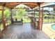 Screened in patio with comfortable seating, dining area, and a view of the lush backyard and pond at 225 Temple Cir, Eustis, FL 32726