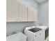 Laundry room with modern appliances and storage cabinets at 958 Lake Deeson Pt, Lakeland, FL 33805