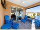 Enjoyable screened porch with blue seating and backyard view at 9849 Sw 99Th Loop, Ocala, FL 34481