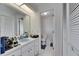 White bathroom featuring a blue sink, white cabinets, a mirror, and a separate toilet area at 1060 Colony Park Dr, Lakeland, FL 33813