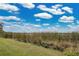 Green backyard with view to a lake and tall grass in foreground under blue skies with fluffy white clouds at 114 Tempsford Rd, Auburndale, FL 33823