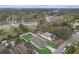 An aerial view showcasing a home with fenced yard, a trampoline, and mature trees in a residential neighborhood at 1426 Powhatan Ct, Lakeland, FL 33805