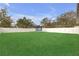 Fenced backyard with green lawn and a blue trampoline at 1426 Powhatan Ct, Lakeland, FL 33805