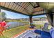 Backyard showcasing a gazebo overlooking a pond with comfortable outdoor seating and plantings at 4323 Trotters Way, Lakeland, FL 33801