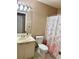 Simple bathroom featuring a floral shower curtain, toilet, and a vanity with sink at 101 Bent Tree Dr # 12, Daytona Beach, FL 32114