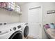 Functional laundry room with modern washer and dryer, ample storage shelves, and neutral countertops at 653 Vittorio Dr, Winter Haven, FL 33884