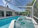 Screened-in pool and spa with two blue chairs surrounded by well-maintained landscaping at 2024 Count Ct, Lakeland, FL 33813