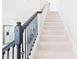 Carpeted staircase with wrought iron railing and decorative wood post showcasing the home's craftsmanship at 1324 Painted Bunting Ave, Winter Garden, FL 34787