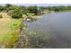 Aerial view of a lake with a dock and boat, surrounded by lush greenery and trees at 700 Mirror Nw Ter # 505, Winter Haven, FL 33881